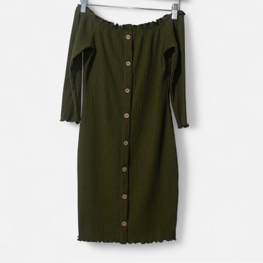 Olive Green Ribbed Off The Shoulder 3/4 Sleeve Mini Dress